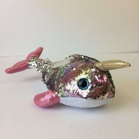 Toy Factory Narwhal Plush Sequin Reversible Stuffed Animal Pink Silver 16" - Picture 3 of 9